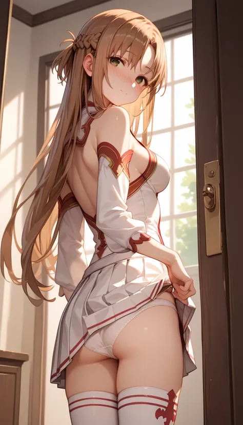 score_9, score_8_up, score_7_up, score_6_up,
1girl, yuuki asuna, brown eyes, brown hair, long hair, bangs, braid,skinny, medium breasts, 
red pleated skirt, white detached sleeves, bare shoulders, white thighhighs, 
girl entering the room,
indoors, bedroom...