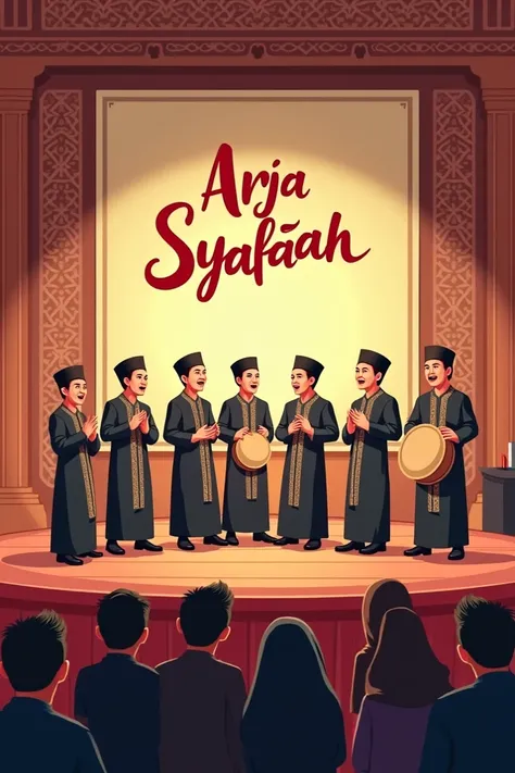 "This illustration shows a hadroh group consisting of several members, all wearing uniform Islamic clothing, such as koko shirts and peci. They sit in a row formation, with hadroh musical instruments such as tambourines, marawis, in their hands. Each membe...