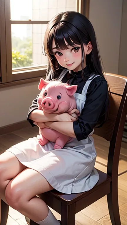 8k⒉5D Anime Japan Character Style 1 cute  in a white Gothic dress with a big ruby eye that fits into a round face, smiling and sitting in a big wooden chair with her favorite stuffed pig in her arms