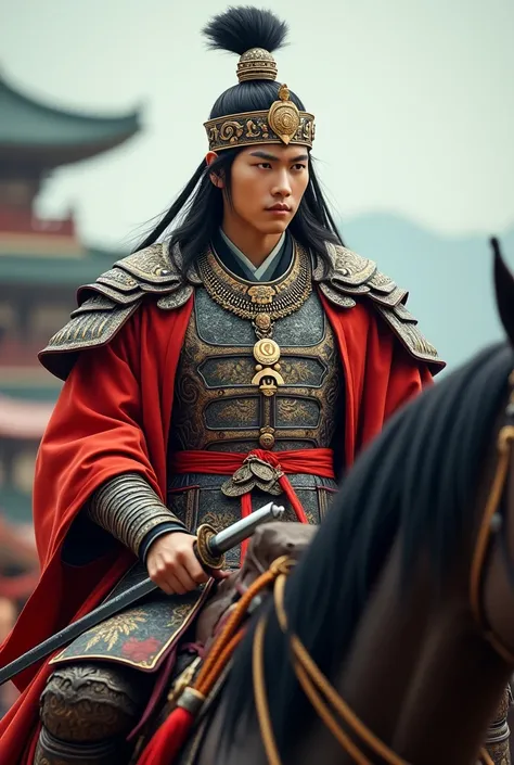  A handsome Korean-faced young man dressed in royal war clothes wearing a kings crown and a beinitial necklace "TG"   on horseback carrying samurai sword  , Real HD photo seen from camera  