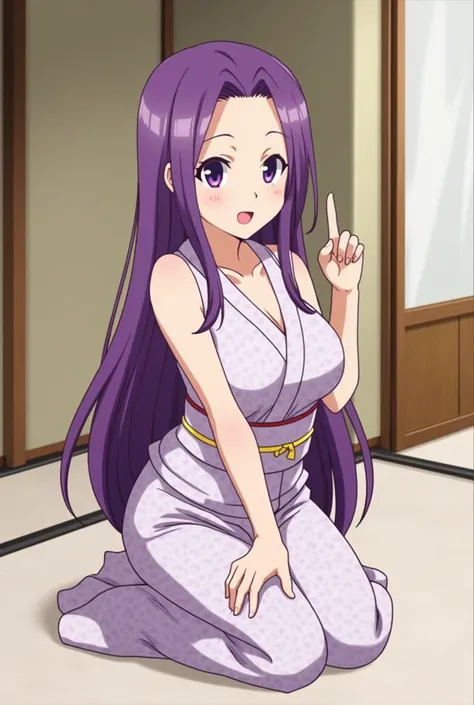 raikou, parted bangs, purple eyes, purple hair, long hair, hime cut, forehead, mature female, happy, motherly, :>, half-closed eyes, large breasts, slim waist, narrow waist, wide hips, arm up, thick thighs, yukata, bare shoulder, in japanese home, indoors,...