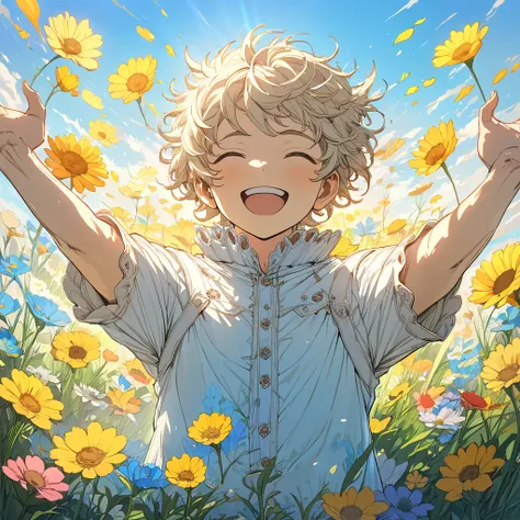 masterpiece, best quality, ultra detailed, 8K, anime style, a young boy with open arms standing in a bright sunny meadow, vibrant flowers blooming around him, warm sunlight, clear blue sky, feeling of freedom and joy, nature in full bloom, cheerful atmosph...