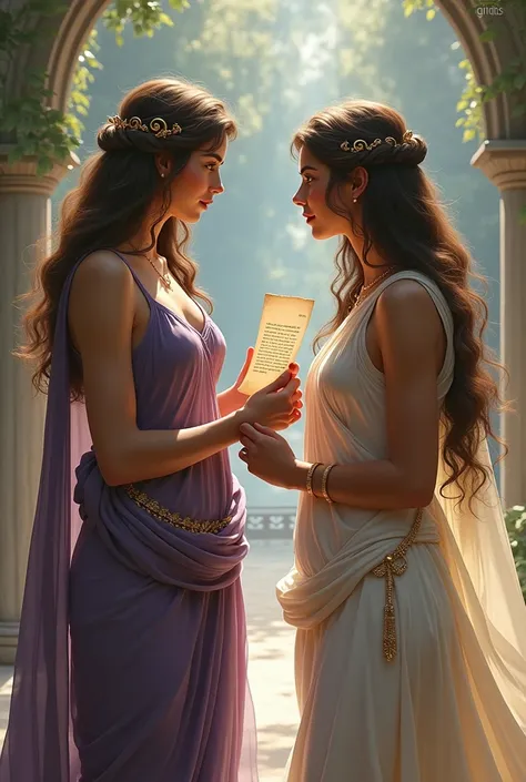 Beautiful girl with long brown hair with thin purple top and long skirt talking to the goddess Hermes who is holding in her hands a paper with a message 