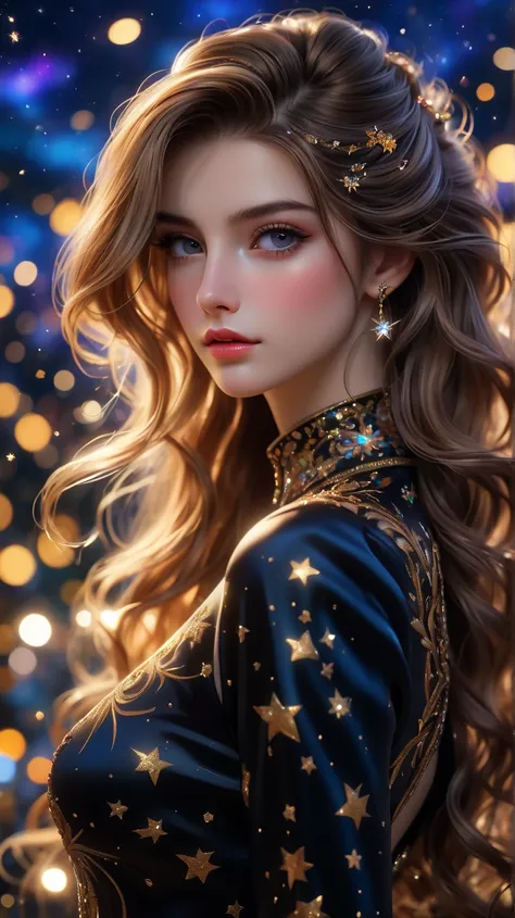 (   best quality ,8k,  hyperrealism  :1.2),  vibrant colors,   sharp concentration,   very detailed,   studio lighting,  Great Paintings ,   Hair swaying in the wind  , Extremely realistic eyes and lips  ,  ,   Detailed skin texture ,    has long eyelashes...