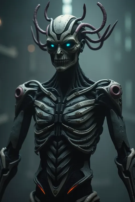 A dark, futuristic, and eerie biomechanical humanoid figure with an emaciated, cybernetic body intertwined with organic and metallic textures. The figure has glowing blue eyes emitting an ominous light, skeletal and alien-like features, and tendrils or cab...