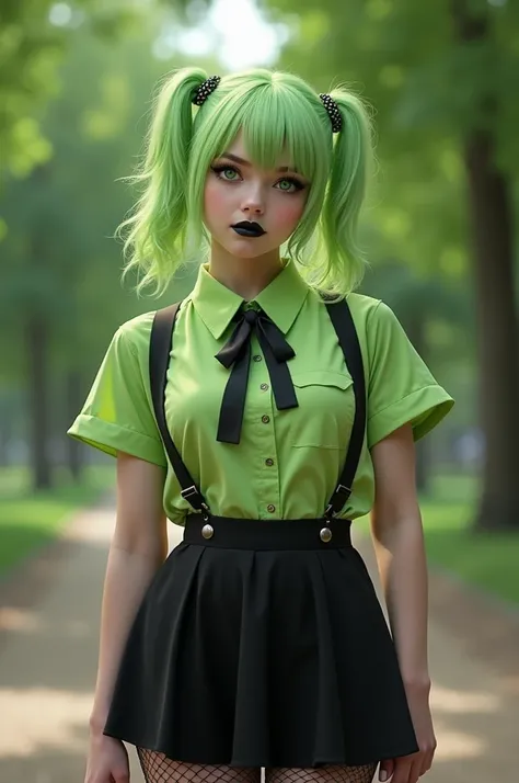 Ultra-realistic, masterpiece, ((Ultra detailed background, Intricate details)), best quality, Intricate details, Chromatic Aberration, woman, 20 years old, lime green hair, green eyes, black lips, bangs, messy hair, pigtails, eye shadow, lime green collare...