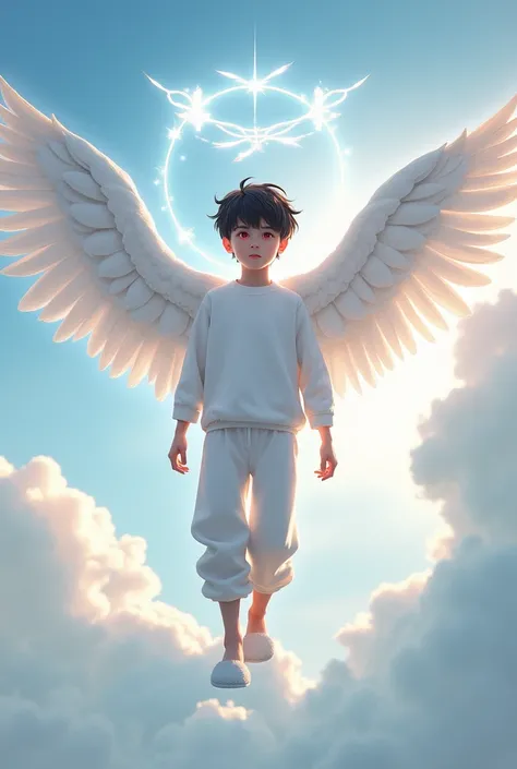  anime character :
 boy, Young, high, smiling,  short black hair ,  bright red eyes , white pele, angel halo, six white wings. white regatta, white sweatpants, white slippers .
scenario:  flying in the sky .