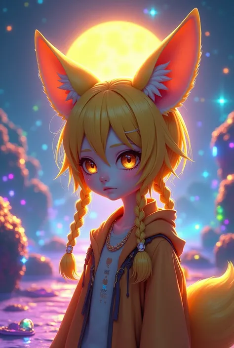  1 girl(cute,student, teenager , ＪＫ, Yellow fox ears 、 yellow hair、 braids 、Yellow Eyes, Cyberpunk clothing,  pale skin,  A tired face with no shine in the eyes ) (Look up:1.4) null, ( nullにはたくさんの虹色のダイヤモンドダストがあります ), (crystal clear bubbles as if underwater...