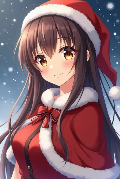  better quality ,  expressive eyes  ,  perfect face , Alone, long hair, straight hair, brown hair,  honey brown eyes,  medium breasts , Christmas clothes shed with cape and hat, light smile, Christmas atmosphere, remote, version anime