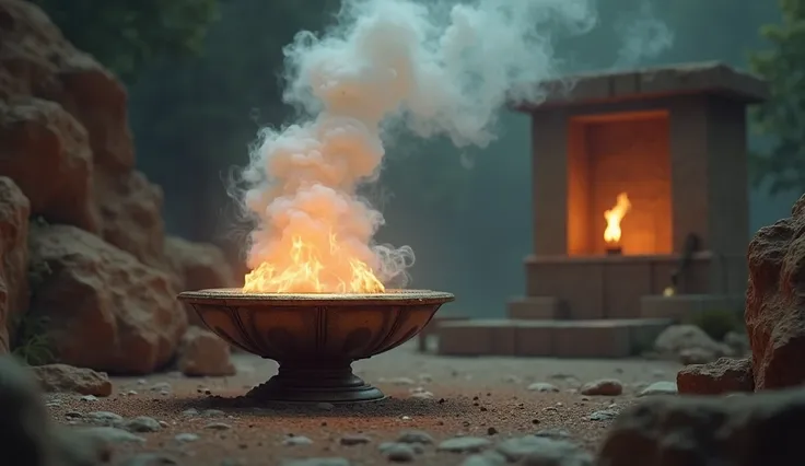 biblical brazier releasing smoke, and a burning torch, levitating in the air; outdoor biblical altar in the background;