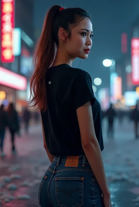 30 years old, brown ponytail medium hair, medium cleavage, medium buttocks, wearing black champion shirt, slim fit denim jeans, night city streets, freezing night, hyperrealistic 8k, realistic, high quality, 