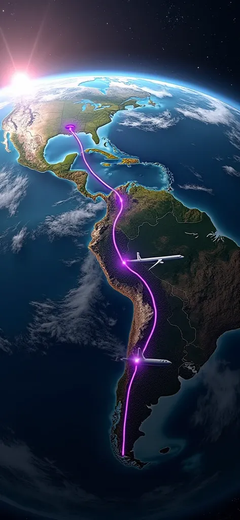 Create an image that focuses on Colombia as the central image from planet Earth and in Colombia that there is a small plane flying from the city of Cartagena to the city of Cali and that there is a purple line that marks the route