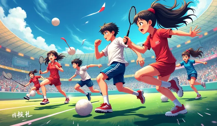 Sport banner with football , badminton,and also tennis 
Add some anime character,add motivated text 