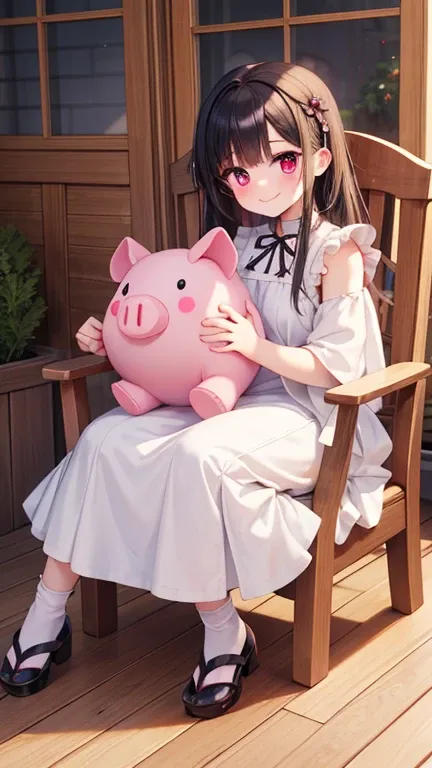 8k⒉5D Anime Japan Character Style 1 cute  in a white Gothic dress with a big ruby eye that fits into a round face, smiling and sitting in a big wooden chair with her favorite stuffed pig in her arms