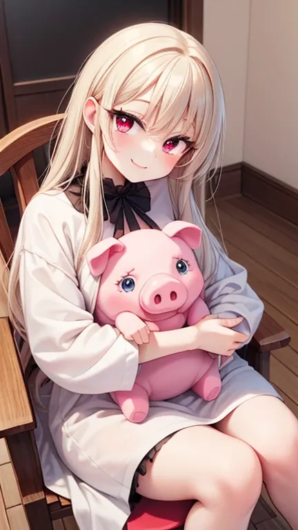 8k⒉5D Anime Japan Character Style 1 cute  in a white Gothic dress with a big ruby eye that fits into a round face, smiling and sitting in a big wooden chair with her favorite stuffed pig in her arms