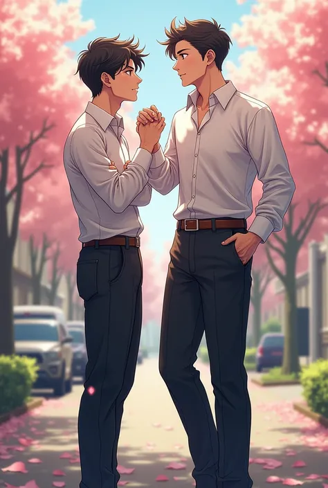 Masterpiece, top quality, very detailed, (((best relationship moment between him and his boyfriend))), two boys, long pants, beautiful boys, yaoi, boys love, gay, flirting, male-centric, well-built, dark hair color, different hairstyles and outfits,Beautif...