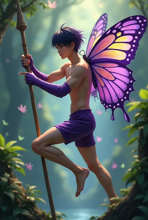 Twink asian man, shirtless, wear purple gauntlet, purple leather very short underwear, flying in jungle, uses wood magic, wood tangling magic, barefoot, background is full with butterfly with different colour, peace. Natural light, realistic, fantasy, high...