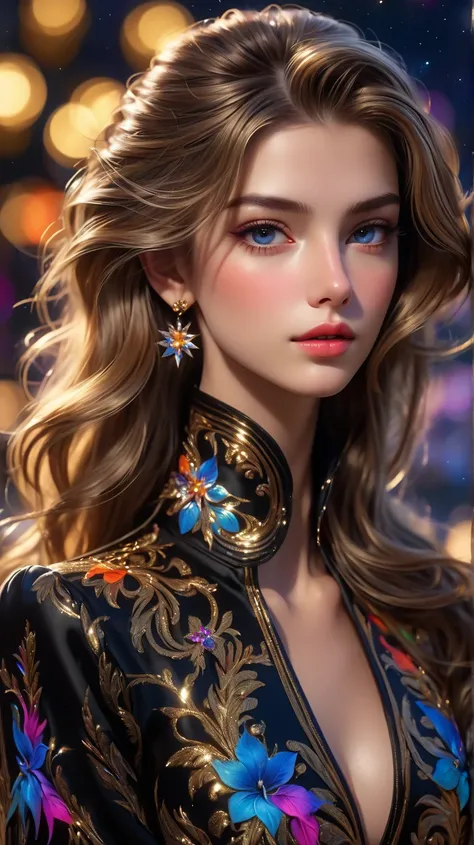 (   best quality ,8k,  hyperrealism  :1.2),  vibrant colors,   sharp concentration,   very detailed,   studio lighting,  Great Paintings ,   Hair swaying in the wind  , Extremely realistic eyes and lips  ,  ,   Detailed skin texture ,    has long eyelashes...