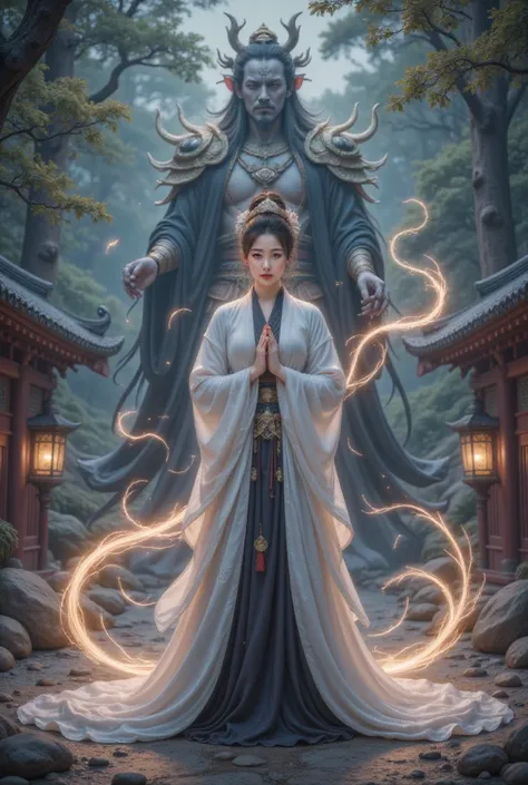 From a birds-eye view, ， of a Japanese man dressed in a white top and black bottom The shrine maiden is amazingly beautiful,  poses in a prayer pose ，Exudes a sense of tranquility. However,  An ominous atmosphere looms behind her ,  The samurais revenge ap...