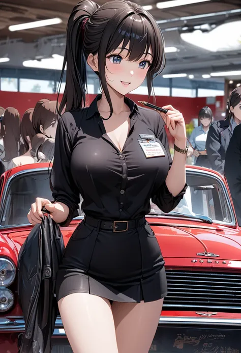  best quality、 Ultra Precise 、Detailed drawing、 vibrant colors、alone、Beautiful girl 、Age 30、classic car shop、showroom、Lots of cars、table、Beautiful big boobs、 business suit、 shirt 、 ties、Name tag、 Mini Skirt、 black stockings、catalog book and pen in hand、smi...