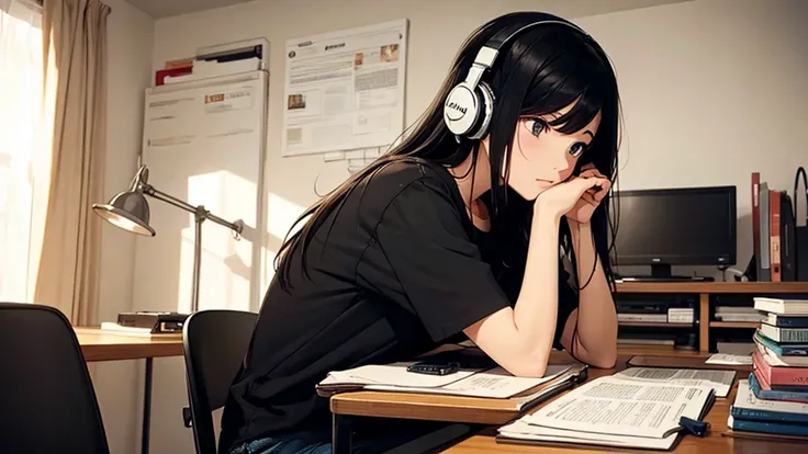 (flat color, retro, low contrast), (lofi), (girl studying, black hair, t-shirt, headphone), (cozy room, Indirect lighting)