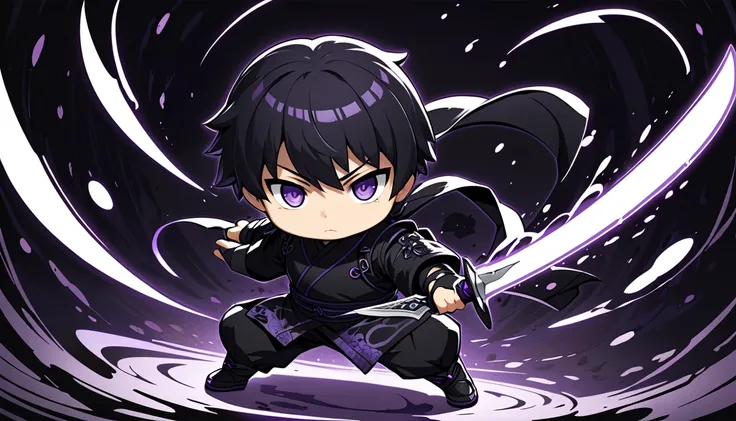 A chibi-style Japanese anime character, a stealthy male ninja dressed in sleek black armor adorned with dark purple accents. He moves through the shadows with incredible speed, a curved blade glowing faintly with dark energy in his hand. Black mist swirls ...