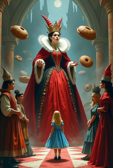  Create an image of The Judgment of the Pies in the Palace of the Red Queen from the novel Alice in Wonderland where Alice answers the Queen of Hearts and she gets angry