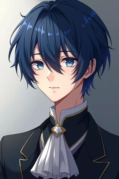 Anime boy with dark blue hair, split in two, clean white skin, handsome face, a nobleman 