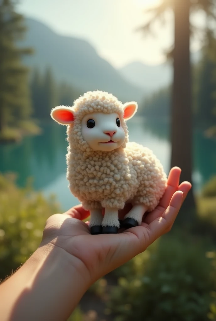 A hand holding a cute little sheep ultra  = realistic with very dense fur.  The blurred background is of a forest placed a lake behind it.