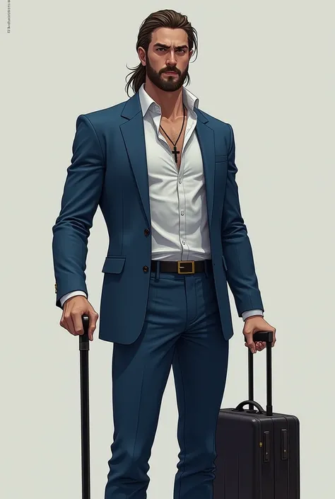 "The man in this picture is tall and muscular, wearing a blue suit with a white shirt that is unbuttoned at the top, revealing a necklace with a cross pendant. He has long hair tied loosely behind his back, and a beard that gives the appearance of a strong...