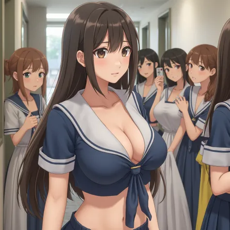 ((( best quality,   Masterpiece ,  Realistic Pictures,  very detailed,  photoshoot,  super high resolution, born:1.3))),  group of women glare , In the school hallway,  Japanese girl, Short sleeve sailor suit covering chest , Open belly button, Show me my ...