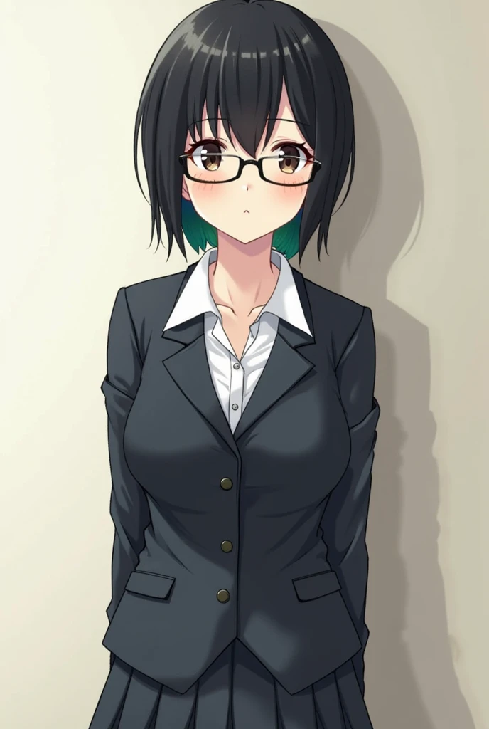 Anime, Black Haired with a small green fade,Short Haired,Short bangs, Half Asian, Half American,Normal body,Hourglass waist, Wears Glasses, has muscles, glossy lips, Medium Large Breasts, Student Uniform