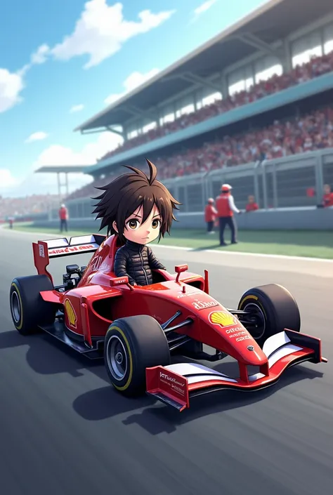 Chibi de Kirito from Sword art online riding a Formula 1 car in profile 