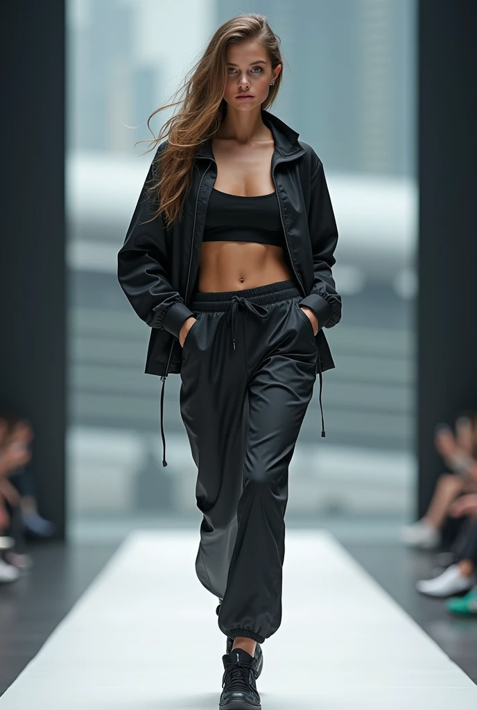 A Slavic woman on the runway. She is wearing windbreaker, she has sport style. She walks with a confident stride.