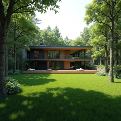 Genereaza o imagine cu o casa in stil modern, placed padute area ,  with lawn in front of the house