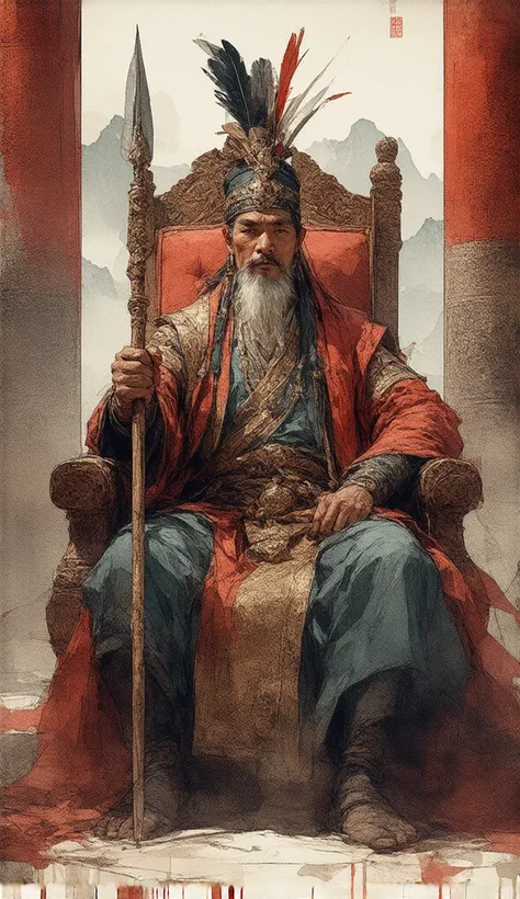 "A majestic illustration of an elderly tribal leader from the Văn Lang - Âu Lạc period. The leader, seated on a grand throne, is dressed in a regal, ornate outfit with intricate patterns and rich colors. He wears a feathered headdress and holds a ceremonia...