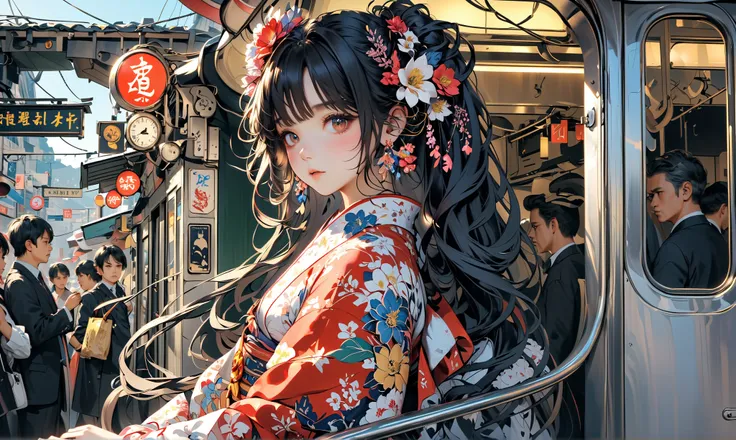 (very crowdy station:1.6),(Overcrowded crowds),(people wearing kimono for New Years Celebration),solo,1girl(cute, kawaii,small ,black hair with blue dip-dye hair,pony tail hair,long hair,brown eyes,big eyes,sitting on a bench,waiting for train,head phone,J...