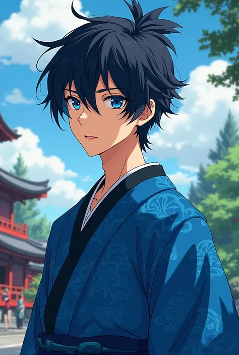 I want a 27-year-old anime character with black hair with a blending blue kimono and an anime beard
