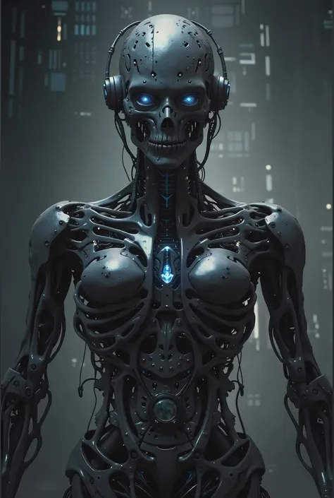 A dark, futuristic, and eerie biomechanical humanoid figure with an emaciated, cybernetic body intertwined with organic and metallic textures. The figure has glowing blue eyes emitting an ominous light, skeletal and alien-like features, and tendrils or cab...