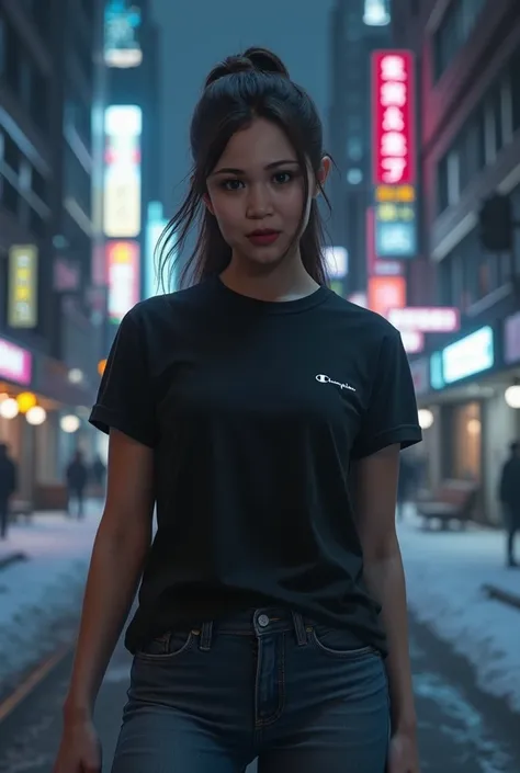 30 years old, brown ponytail medium hair, medium cleavage, medium buttocks, wearing black champion shirt, slim fit denim jeans, night city streets, freezing night, hyperrealistic 8k, realistic, high quality, full body pose, 