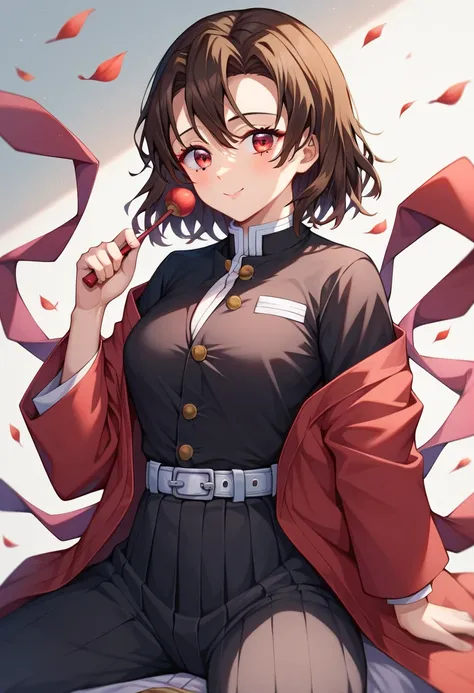 Female, solo, brown hair, medium hair, short hair, neat, cute face, good-looking, beautiful, Demon Slayer: Kimetsu no Yaiba style, Demon Slayer: Kimetsu no Yaiba uniform, wearing a red haori, red eyes, haori, red Haori, red open jacket, school uniform, bla...