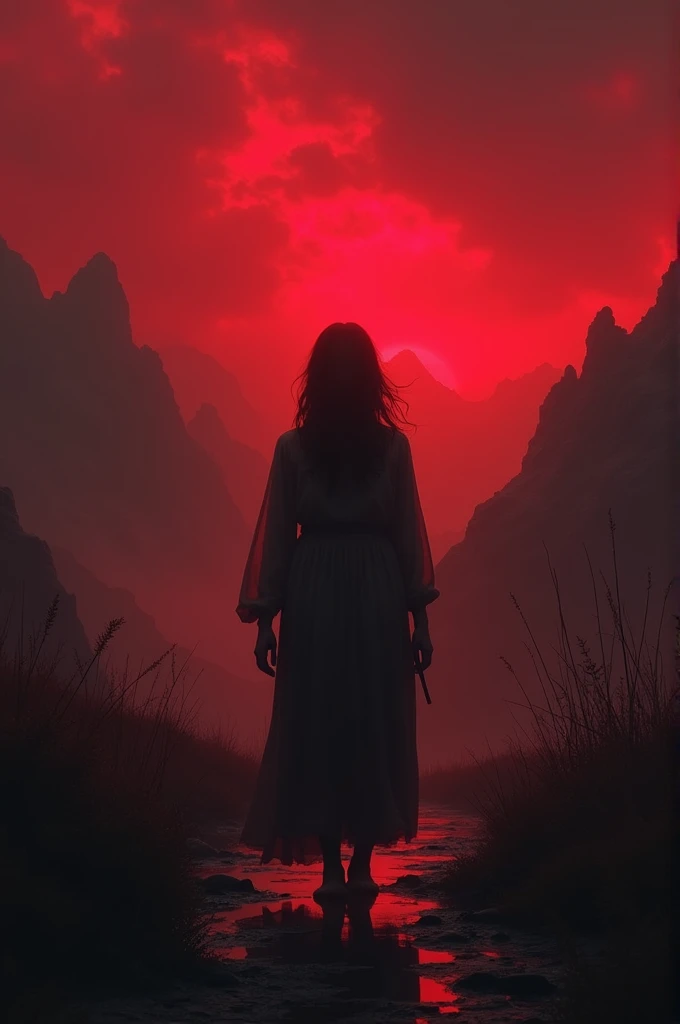 A scary image of a woman walking with red hills 