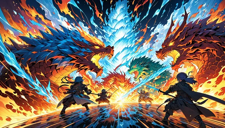 An epic battle scene featuring five chibi-style anime warriors channeling their elemental powers (wind, water, fire, earth, and light) into a combined attack. Their magic merges to form a massive, radiant dragon made of pure elemental energy. The dragon ro...