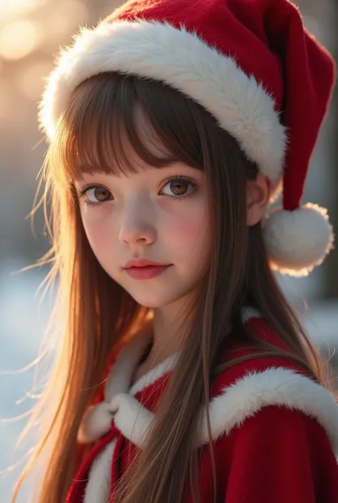  better quality ,  expressive eyes  ,  perfect face , Alone, long hair, straight hair, brown hair,  honey brown eyes, spring,Christmas clothes shed with cape and hat, light smile, Christmas atmosphere, remote