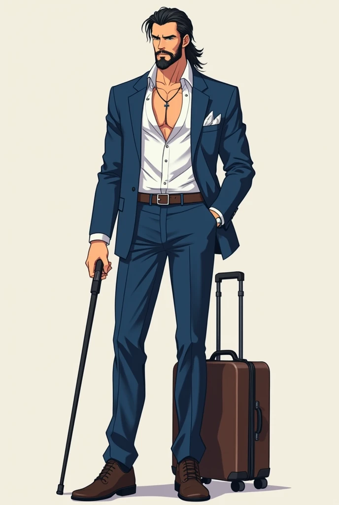 "The man in this picture is tall and muscular, wearing a blue suit with a white shirt that is unbuttoned at the top, revealing a necklace with a cross pendant. He has long hair tied loosely behind his back, and a beard that gives the appearance of a strong...