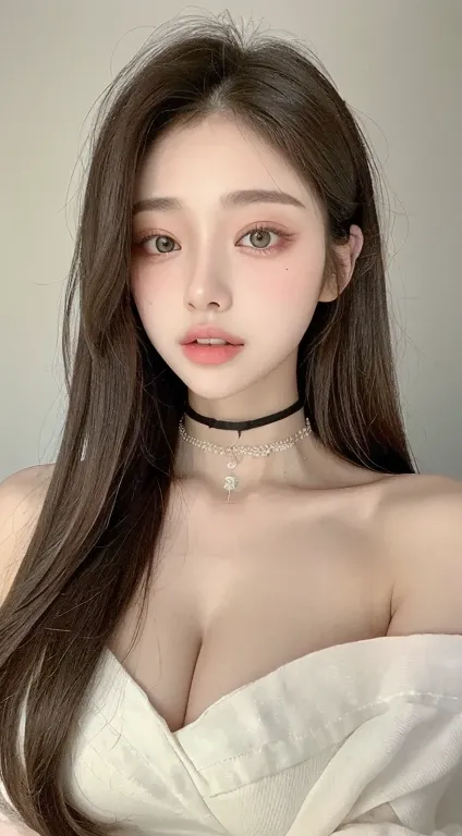 perfect figure beautiful woman：1.4，Layered Hair Style，Protruding cleavage：1.2，Transparent bandeau：1.5，Highly Detailed Face and Skin Textur， double eyelids，Whiten the skin，long whitr hair，choker necklace