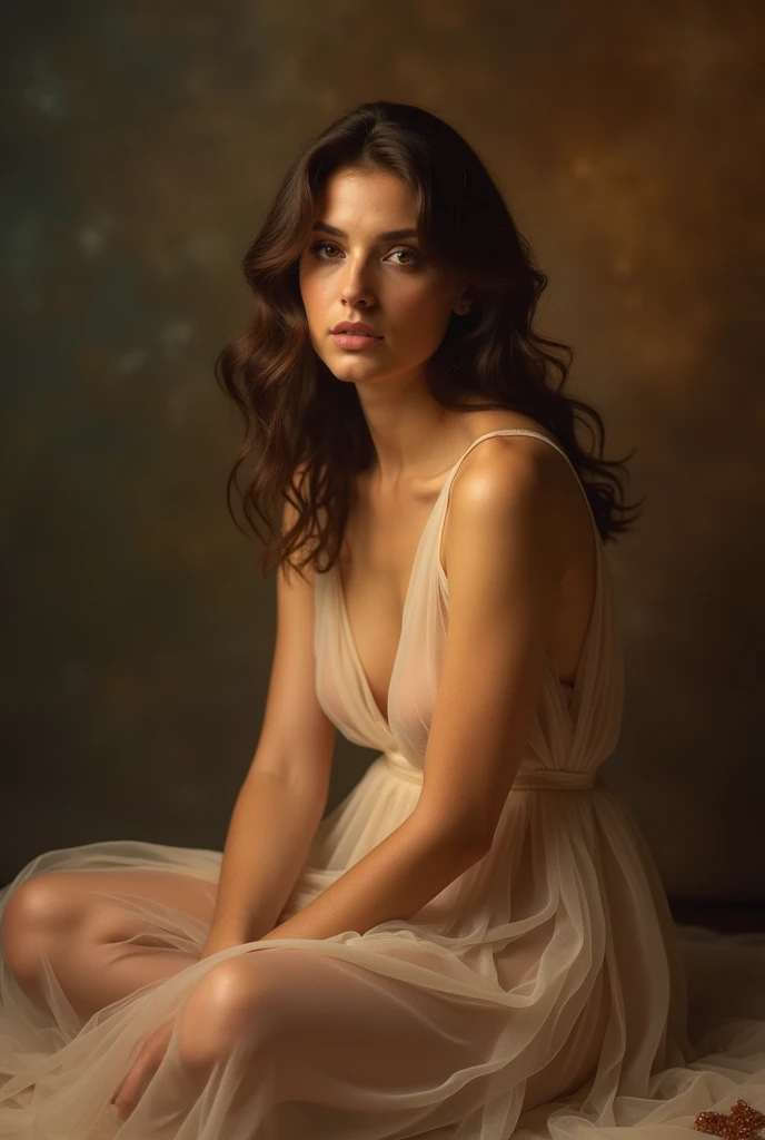 An elegant woman sits facing the camera, wrapped in a sheer, delicate dress, with a graceful figure. The soft lighting gently illuminates her skin, and the smoky, warm background enhances her serene expression. The composition is magical, intimate, and com...