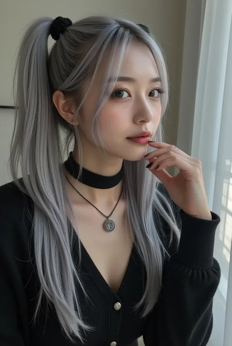 , Colossal,  twin tails,  Silver Hair,  hoodies ,  vintage gothic,  pose, cute,  raise your face,  High Quality ,  Necklaces , ring,  bracelet ,  earrings for a woman alone