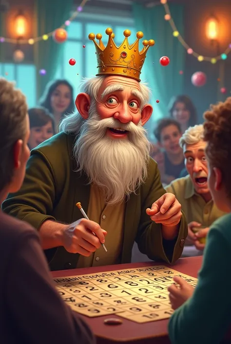 Bearded old man with animated crown ,  playing BINGO with several different people 
