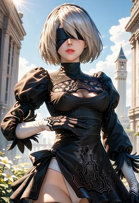 (Masterpiece, nier automata 2B, with black blindfold on,standing in a beautiful pose: 1.5) (Best Quality, cinematic lighting: 1.5), Perfect Eyes, Perfect Face, Volumetric Lighting, sunlit atmosphere cinematic presentation,slight frills, Black Stockings, Se...